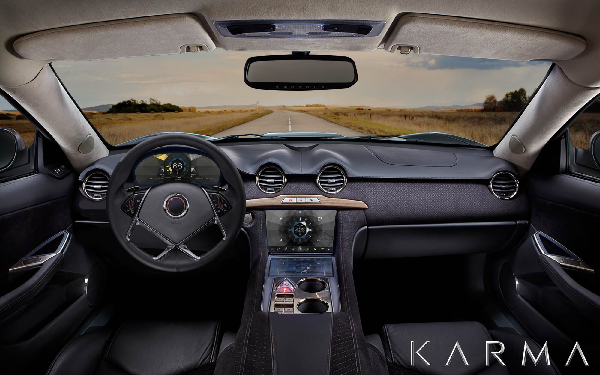 Revero cabin mockup with the infotainment and cluster screens in place