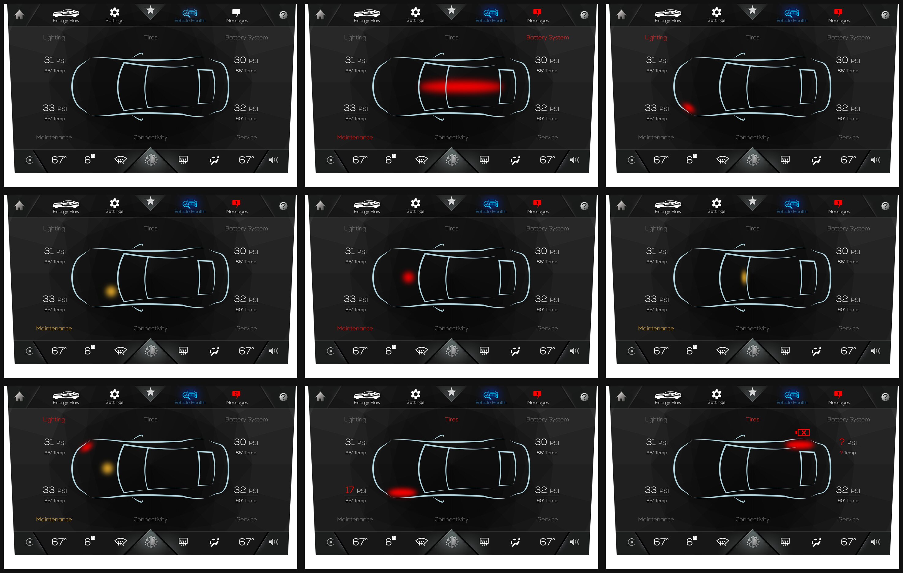 Vehicle health. Nine of the 40-plus warning states.