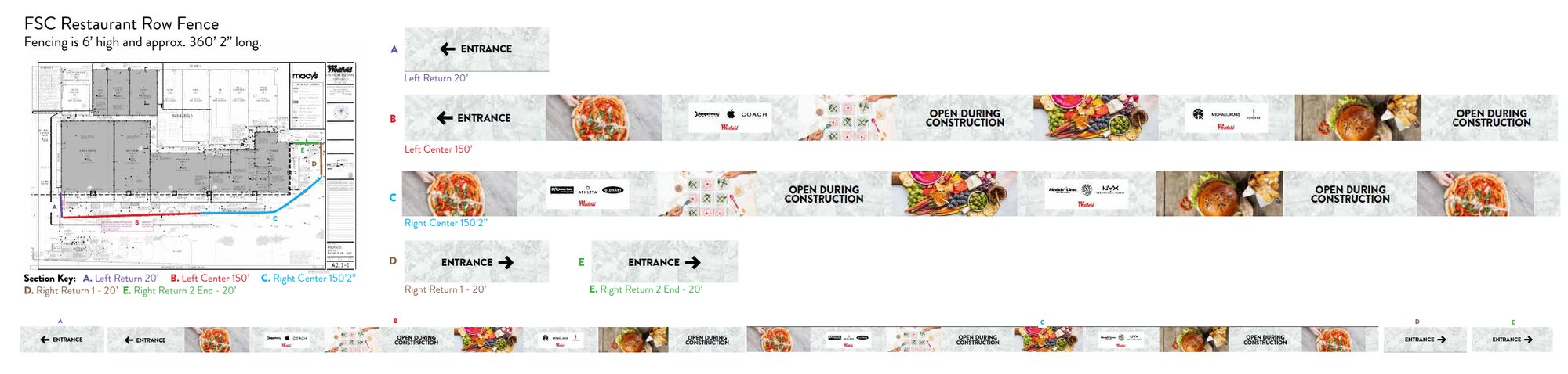 Restaurant Row fence wrap, full run. Panels up to 1801 in. wide.